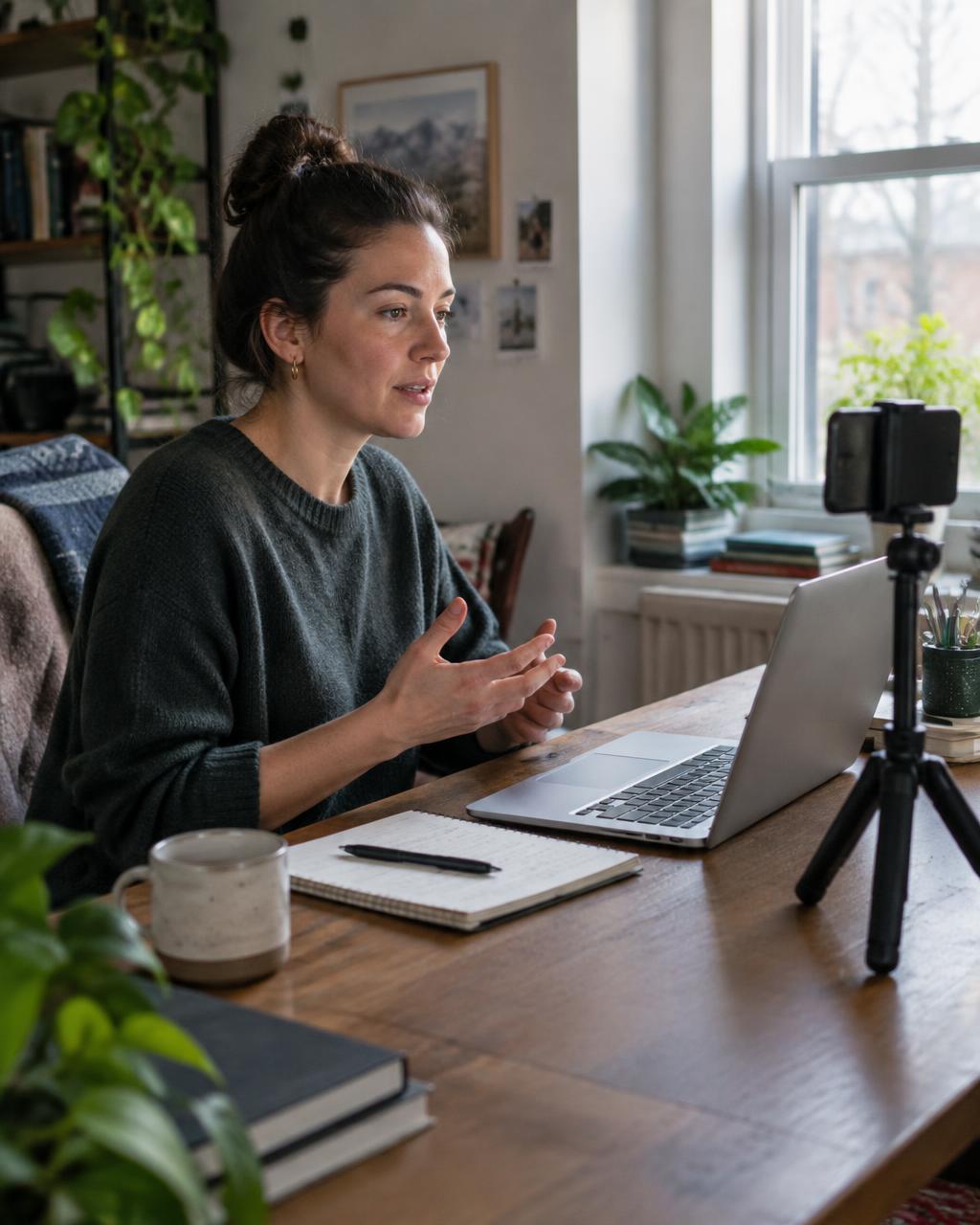 Consultant recording a talking-head video at her desk